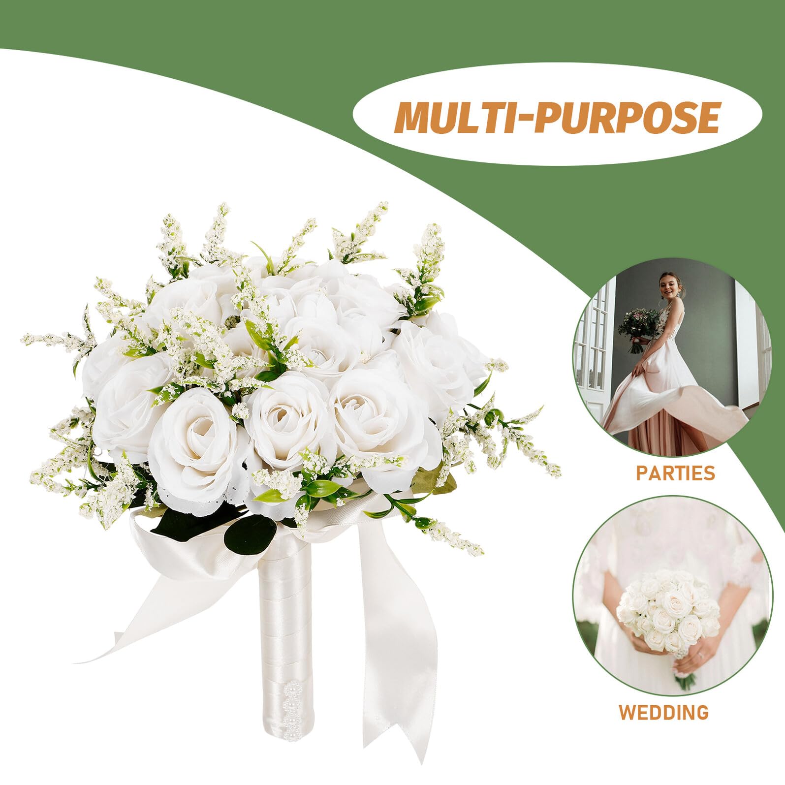 Bouquet da Sposa in Seta e Plastica Bianco Elegante e Nobile per Decorazione Festa e Party di Compleanno Fiori Artificiali Effetto Reale