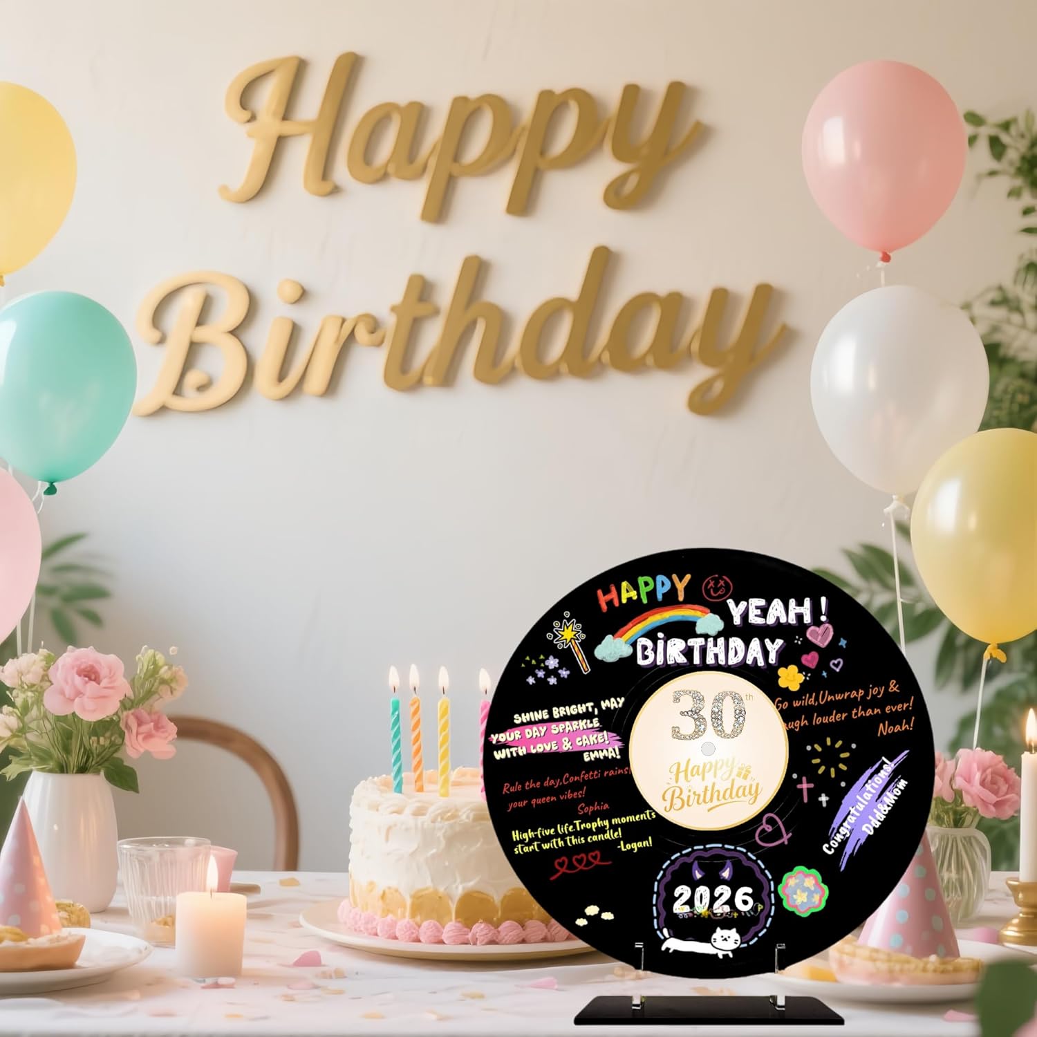 Vinyl Record Style Birthday Guest Book for 30th Birthday Decorations - Large 11.6"x11.6" Sign-In Poster with 12 Pens | Unique Keepsake Gift for Birthday Party Decor (30th,30th - 02, 11.6"L x 11.6"W) - Image 7