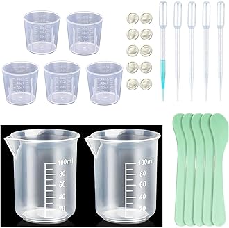 Measuring Cups Kit - 5 Pcs 30ml, 2 Pcs 100ml Plastic Measuring Cups, Paint Resin Mixing Cups, Medicine Graduated Measure Cups with 5 Pcs Mixing Sticks, 10 Pcs Finger Cots and 5 Pc Transfer Pipettes