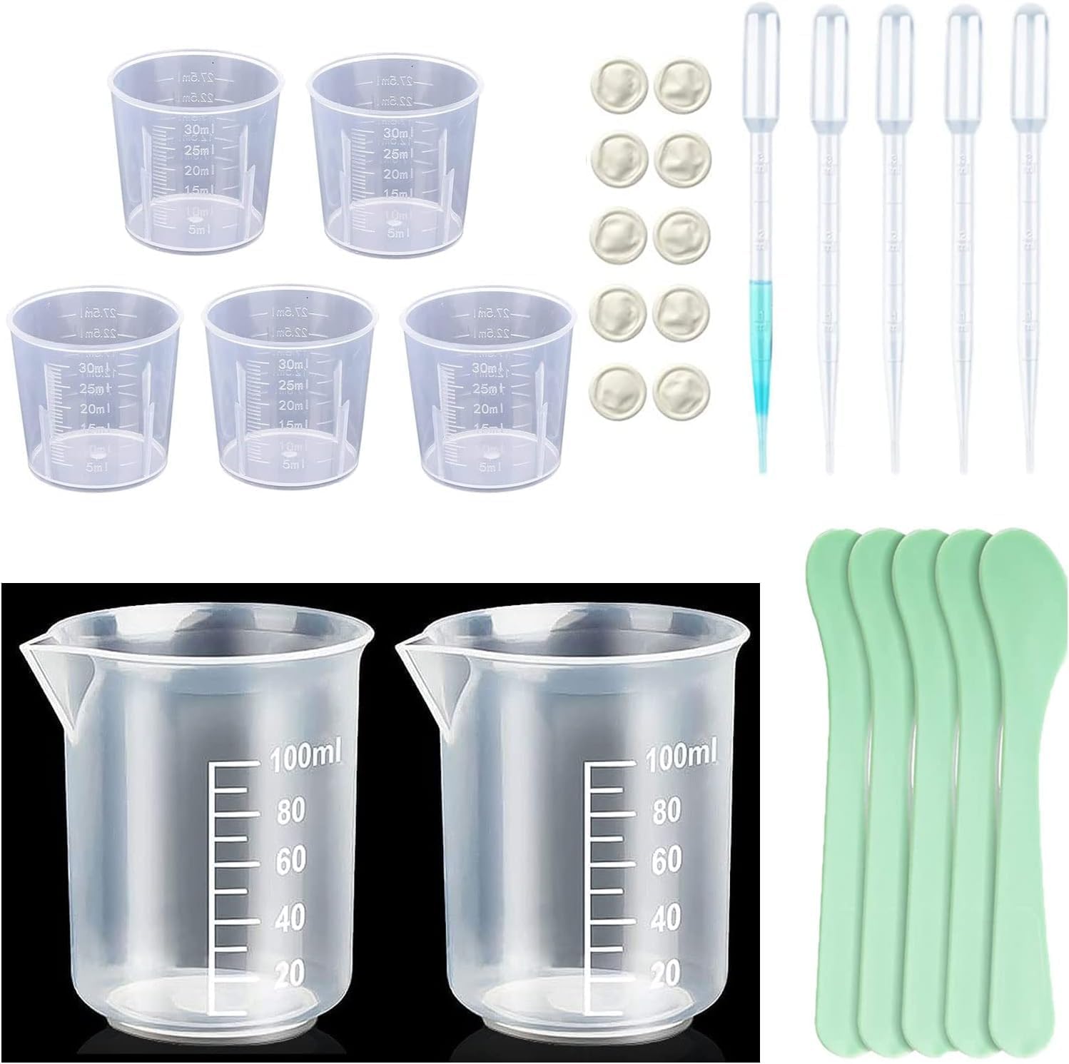Measuring Cups Kit - 5 Pcs 30ml, 2 Pcs 100ml Plastic Measuring Cups, Paint Resin Mixing Cups, Medicine Graduated Measure Cups with 5 Pcs Mixing Sticks, 10 Pcs Finger Cots and 5 Pcs Transfer Pipettes