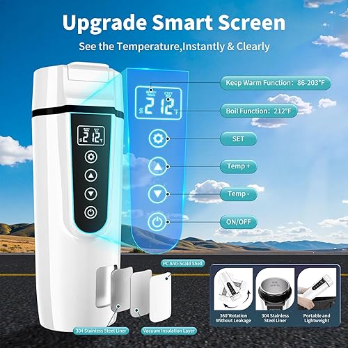 Miniatura 5 de Hervidor eléctrico de viaje para automóvil, caldera de agua portátil de 12 V24 V, pantalla grande, ajuste multitemperatura, calentador de agua para