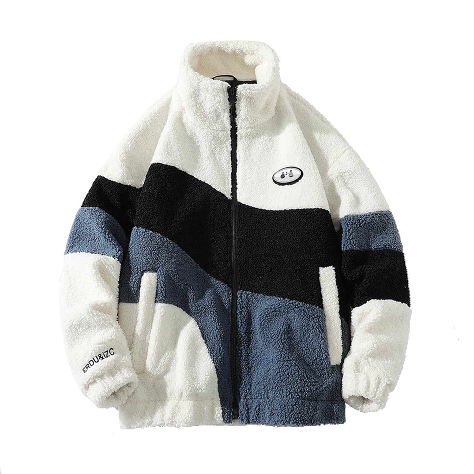 Feegar Men's White Sherpa Jacket Color Patchwork Outwear Teddyfleece Sweater Full-Zip Jackets Long Sleeve Warm Fuzzy Coats(,Xl)