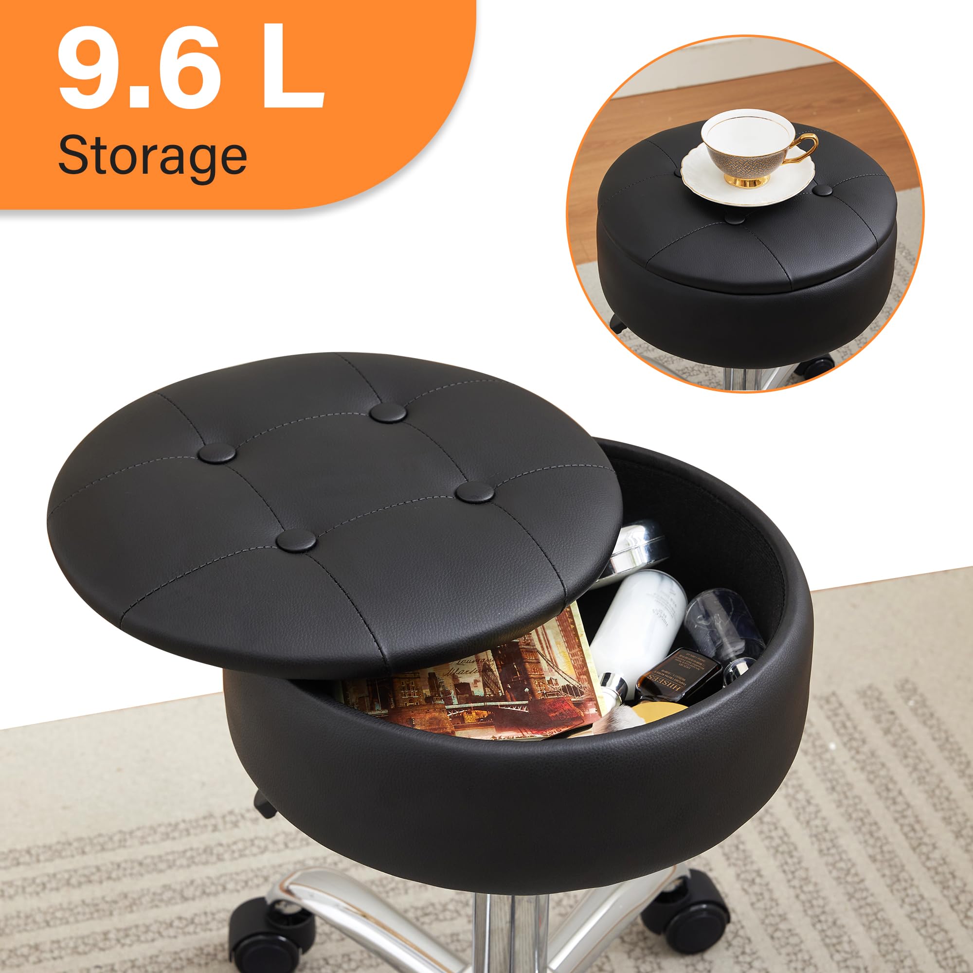 Silla de tocador con ruedas, taburete de tocador ajustable con almacenamiento giratorio para tocador, taburete de maquillaje rodante, silla negra 2