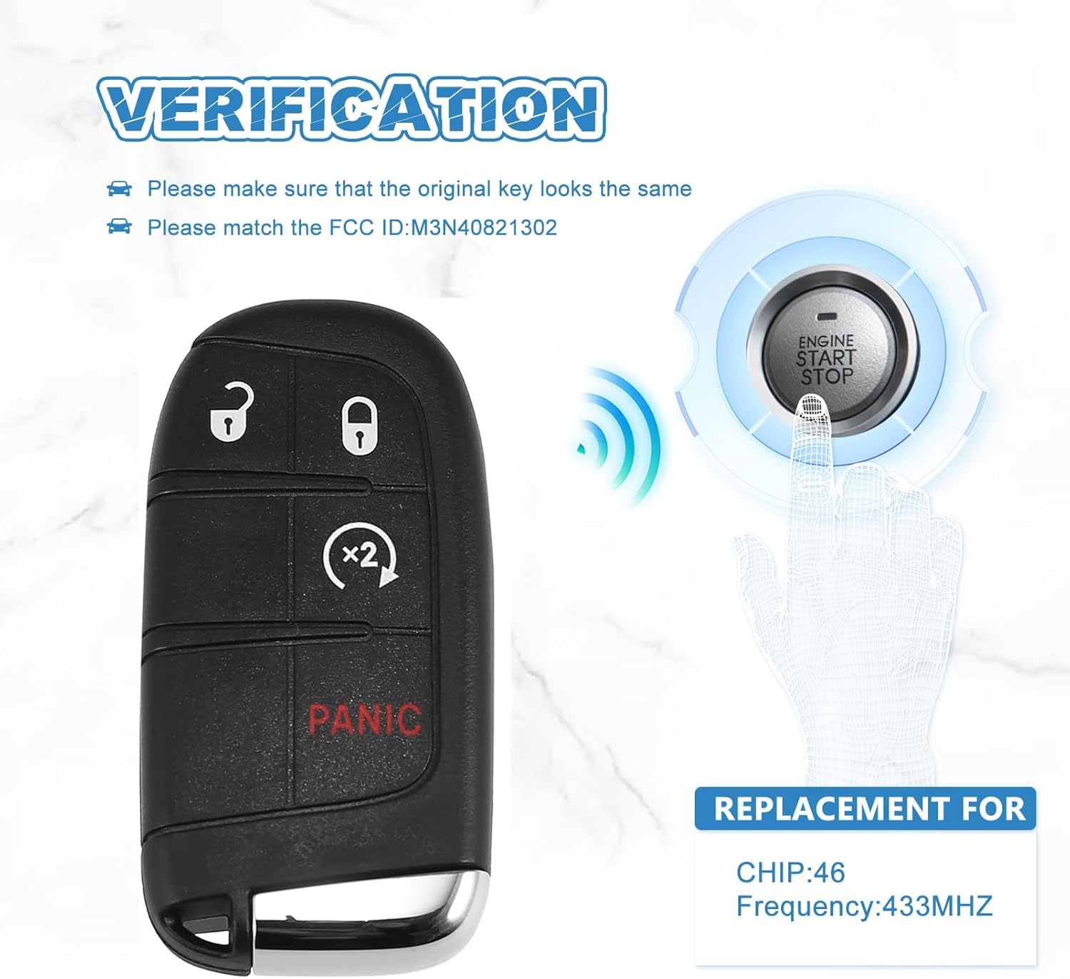 Key Fob Replacement Fits for 2011-2015 Dodge Journey 2014-2018 Durango Push Start Button Smart Proximity Keyless Entry Remote Control M3N40821302 (4 BTN)