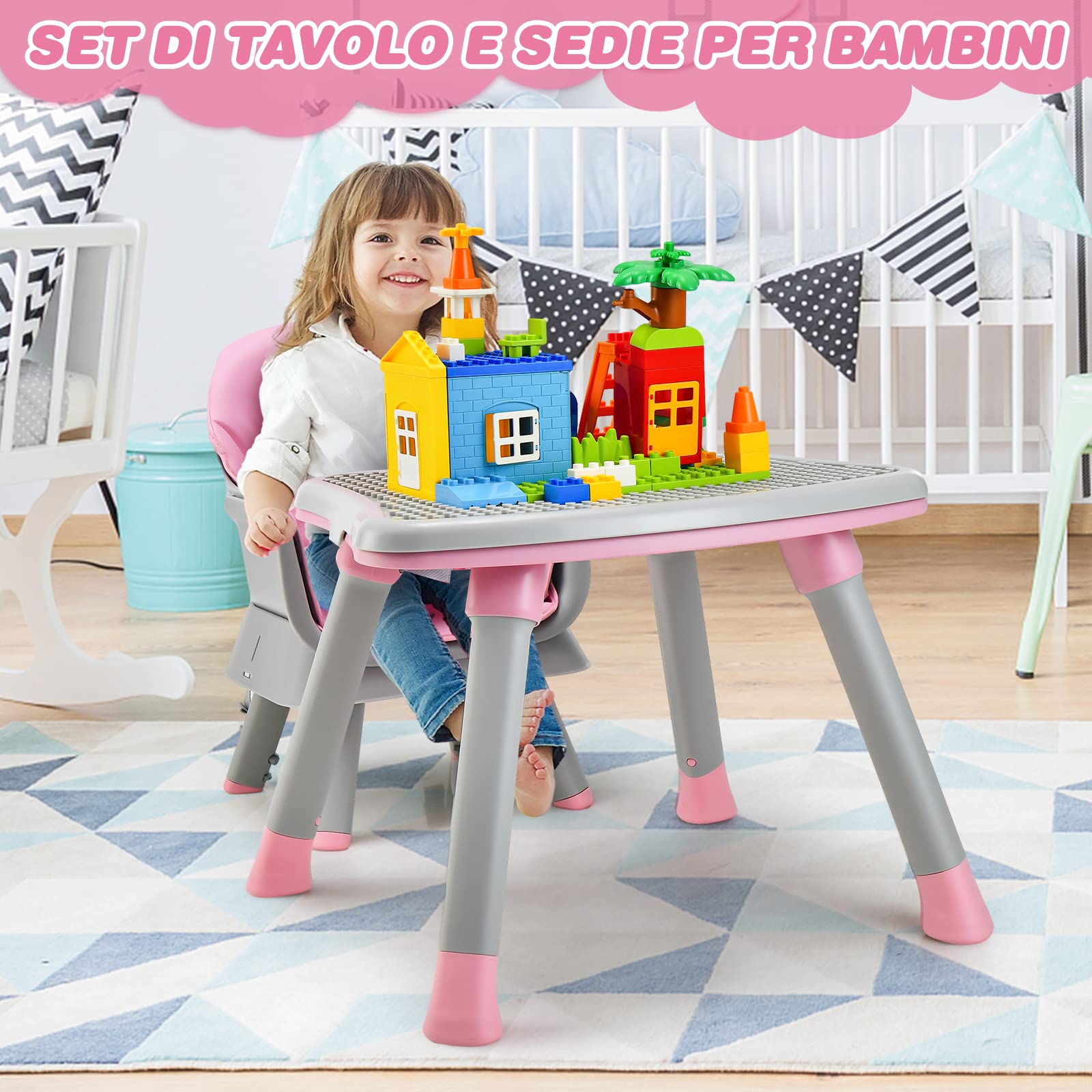 COSTWAY 6 in 1 Seggiolone Pappa per Bambini, Seggiolone per Neonati Convertibile, con Vassoio Rimovibile e Regolabile, Imbracatura a 5 Punti, Tavolo per Costruzioni, per Bambini 6+Mesi (Rosa)