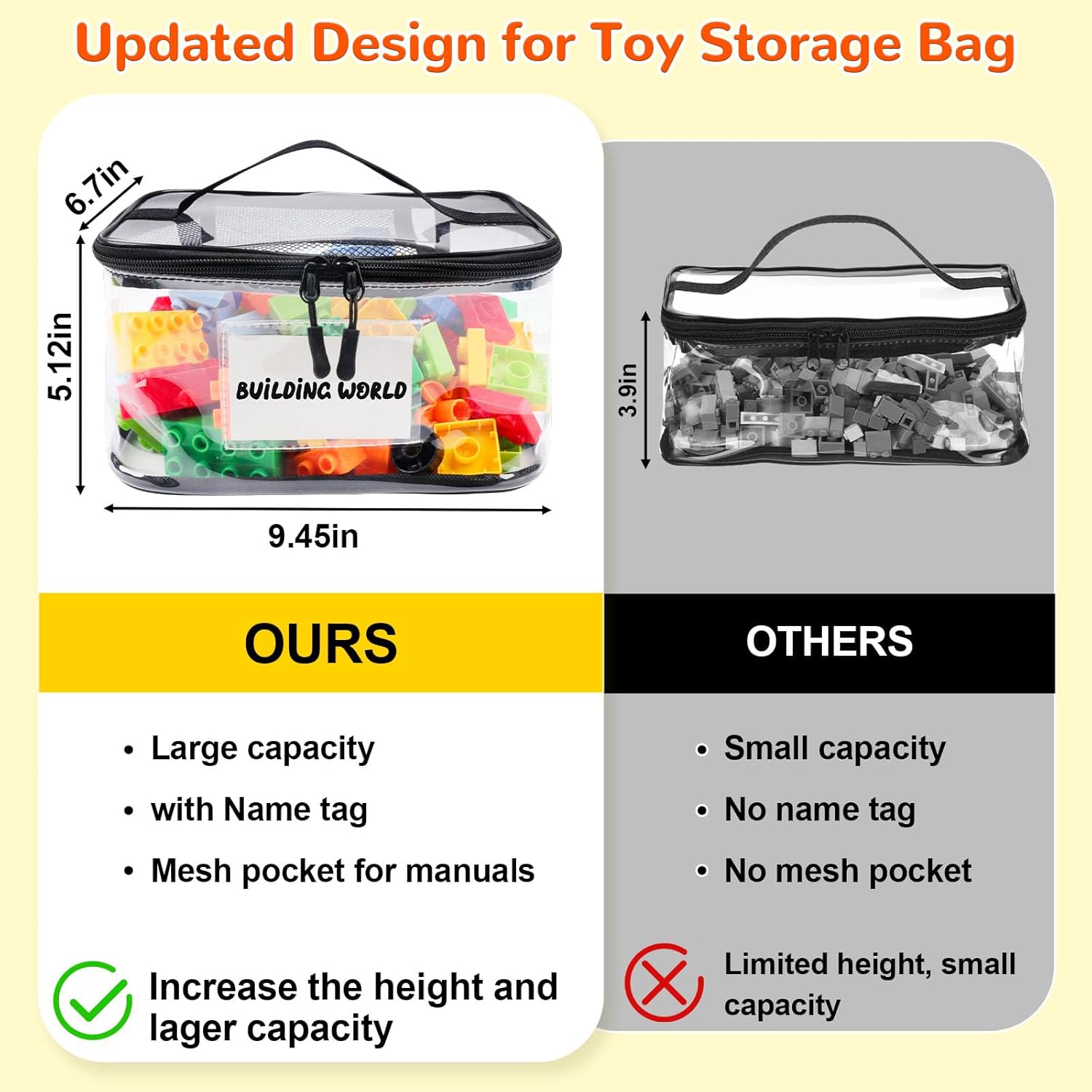 6 Pack Clear Toy Storage Bag with Name Tag& Manual Pocket, Waterproof Transparent PVC Toy Organizer Case for Lego Bricks, Board Games, Building Blocks, Puzzles (Large Capacity, Black) - Image 6