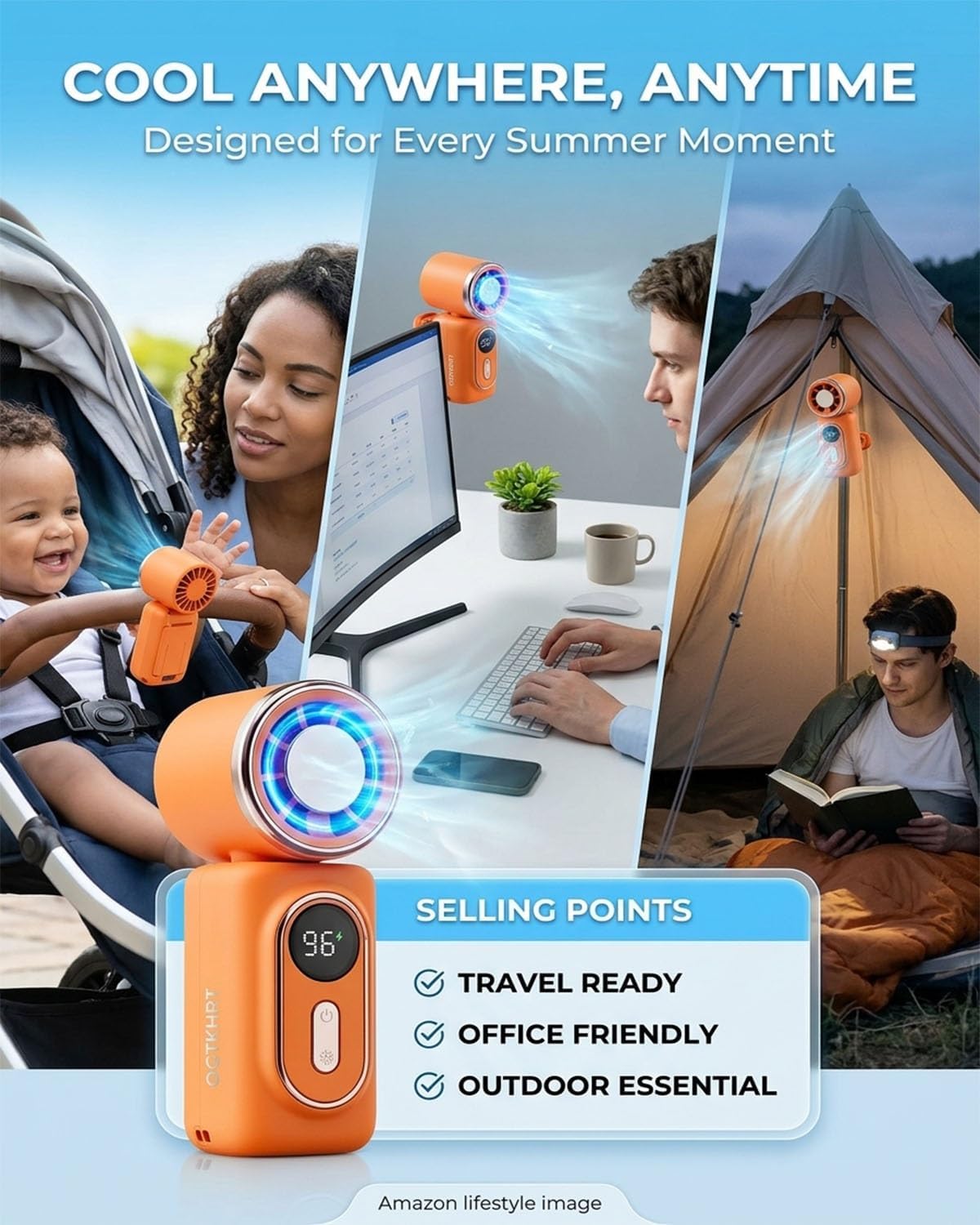 Mini Portable Handheld Clip on Cooling Fan 3-in-1 Rechargeable 3000mah Battery 5 Speeds 180° Adjustable Airflow USB Cooling Perfect for Travel Office and Personal Use - Protection(Black)