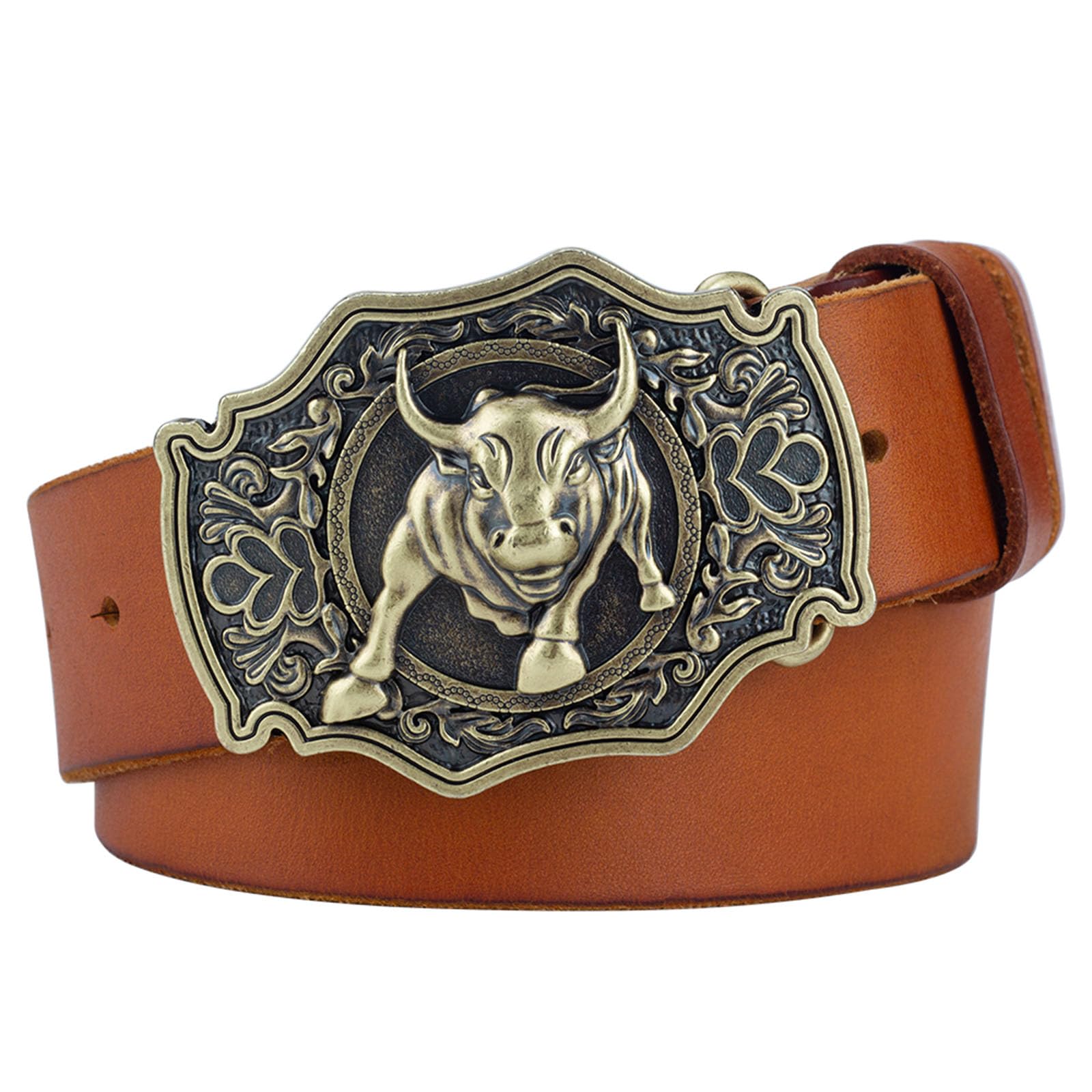 Jiary Unisex Khaki Cowboy Western Rodeo Belts For Men, Mens Belt With Longhorn Bull, Leather Belt Longhorn Bull Pattern Square Alloy Buckle Vintage Belt,,115Cm/45.3''