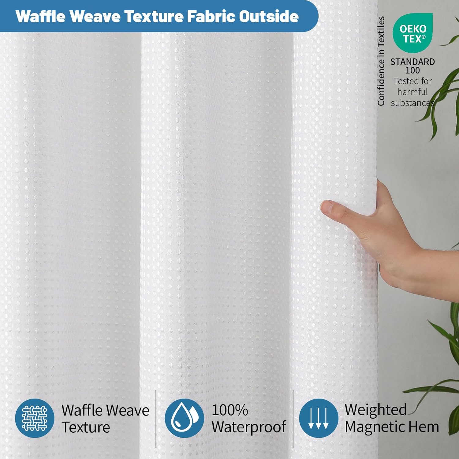 2-in-1 Waterproof Fabric Shower Curtain - No Separate Liner Needed, Hotel-Style Waffle Weave, Effortless Cleaning & Washable Bathroom Shower Curtain Set,72Wx84White