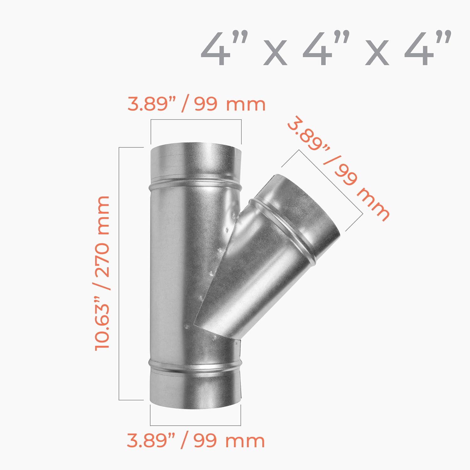 45° Degree Ø4 x 4 x 4 Inch Wye-Shape Duct Splitter - Metal 3 Way Fitting Pipe Adapter - Galvanized Steel - Spiral Duct Hose Dryer Connector - for Home or Industrial HVAC Exhaust, Intake