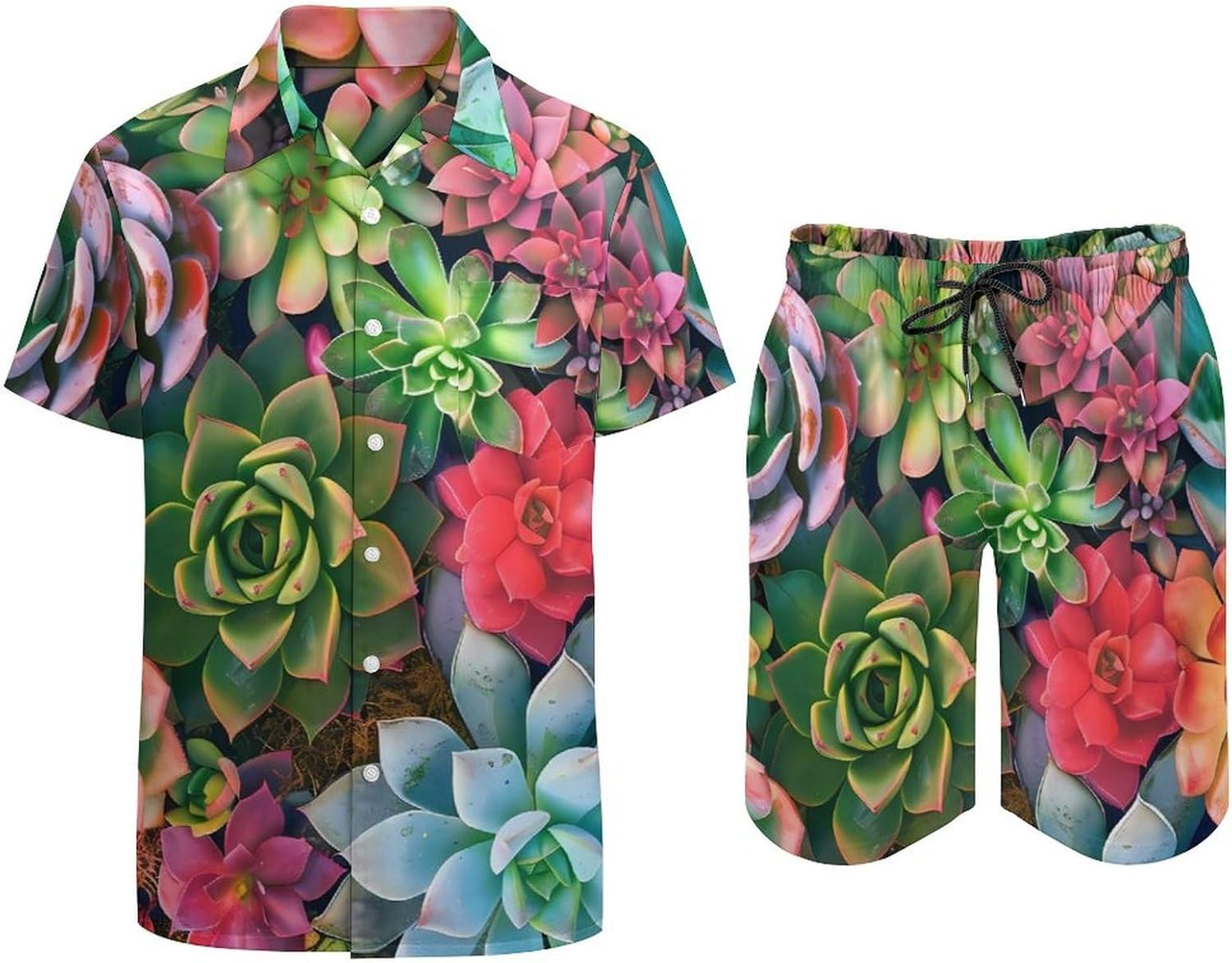 Succulents Men's Summer Beach Outfits Shirt And Shorts Set 2 Piece Vacation Swimwear