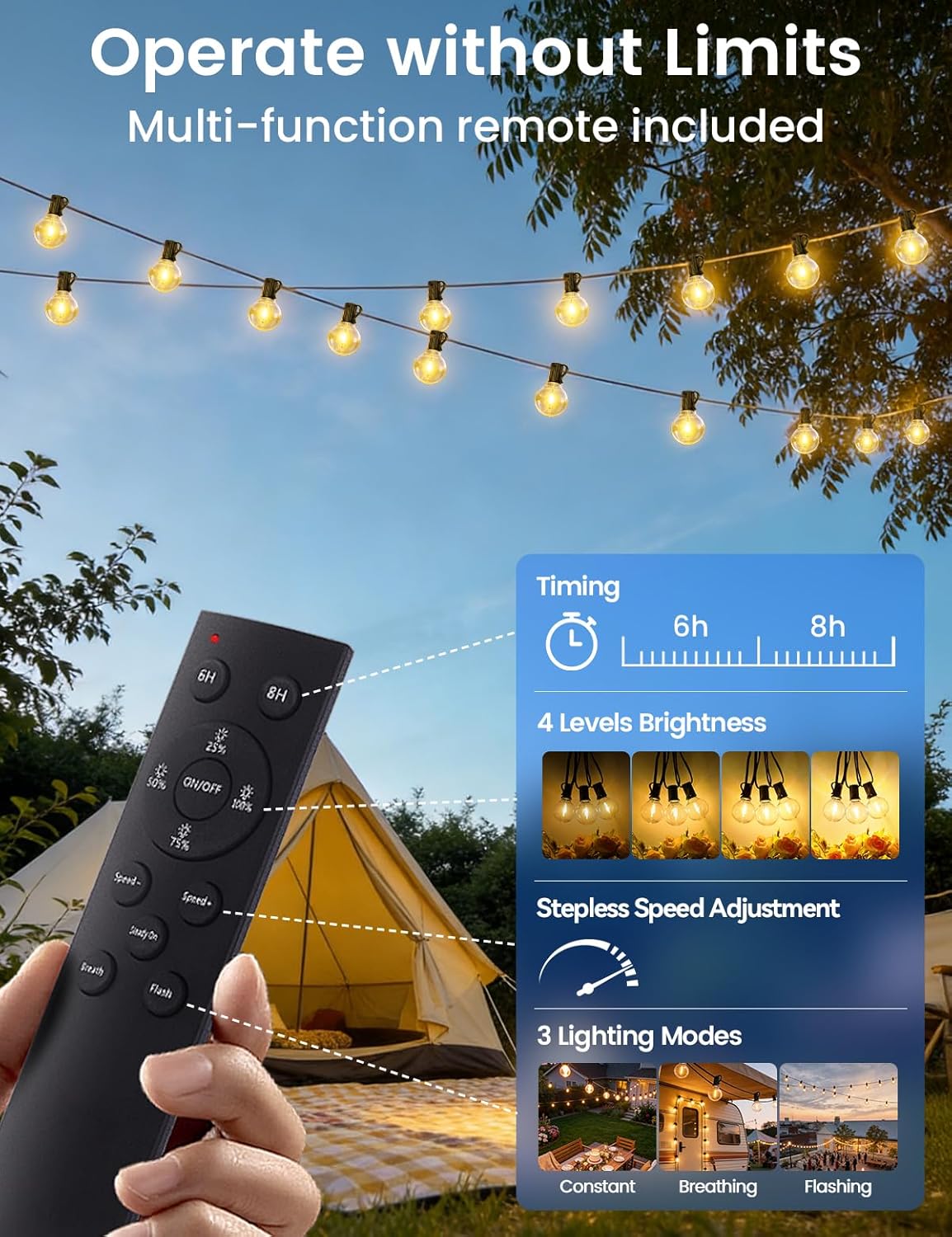 Brightever Solar String Lights Outdoor with Remote, 60FT 25+1 LED G40 Bulbs Shatterproof Patio Lights, IP65 Waterproof Dimmable Hanging Solar Power Globe LED Outdoor Lights for House, Market, Bistro