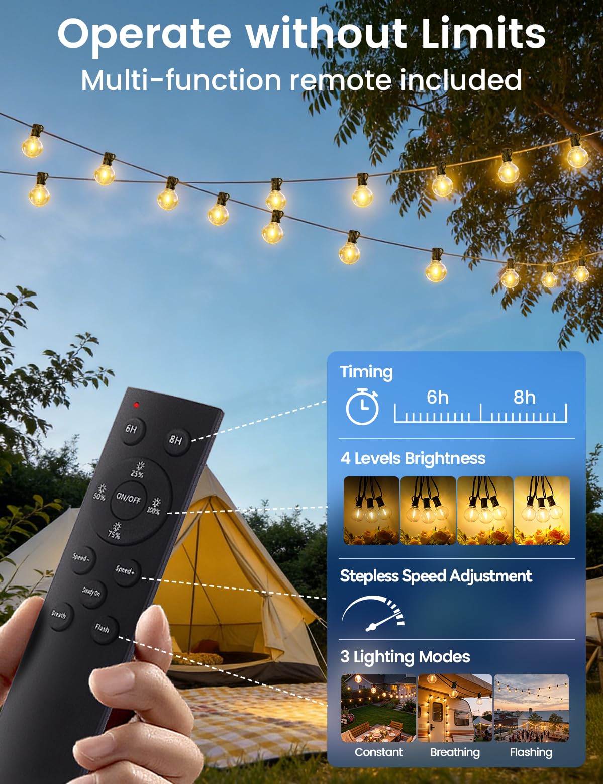 Brightever 30 m Solar-Lichterkette für den Außenbereich, mit Fernbedienung und 36 + 2 LEDs, bruchsicher, G40-Glühbirnen, dimmbar und zeitlos, 3 Beleuchtungsmodi, wasserdichte Solar-Außenleuchten für