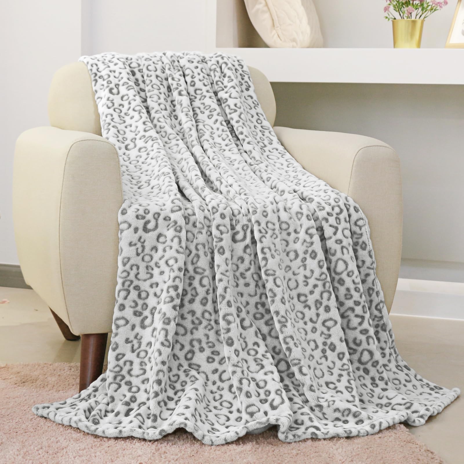 FY FIBER HOUSE Snow Leopard Blanket Throw Blanket Valentiens Day Blanket Gifts for Men Soft Cozy Blanket for Lover Women Girls Home Decor, 50"X60", Grey