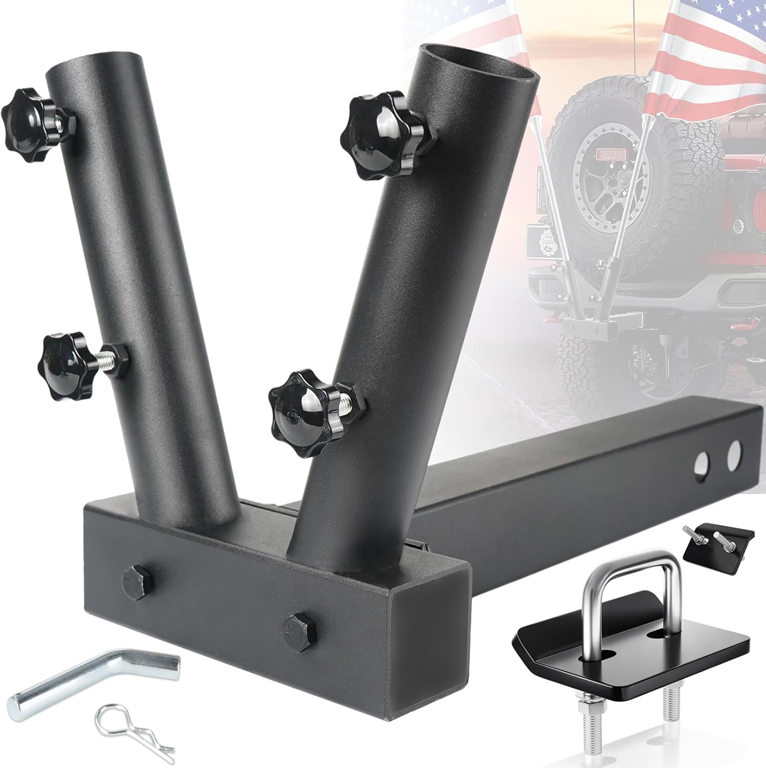 Hitch Mount Flagpole Holder Fits Standard 2" Trailer Hitch Compatible with Jeep, Truck, SUV, RV, Pickup and Hitch Tightener (Double Flagpoles)