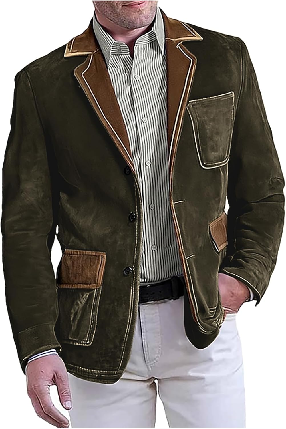 Men's Faux Suede Vintage Blazer Casual Textured Jacket Contrast Trim Business Casual Sport Coat