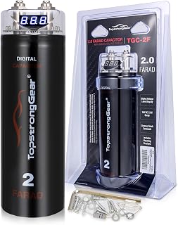 TOPSTRONGGEAR 2 Farad Digital Power Capacitor for Car Audio System, Performance Car Audio Capacitors with LED Digital Display, Voltage Readout, Surge Protection, Mounting Hardware, 12V/24V Compatible