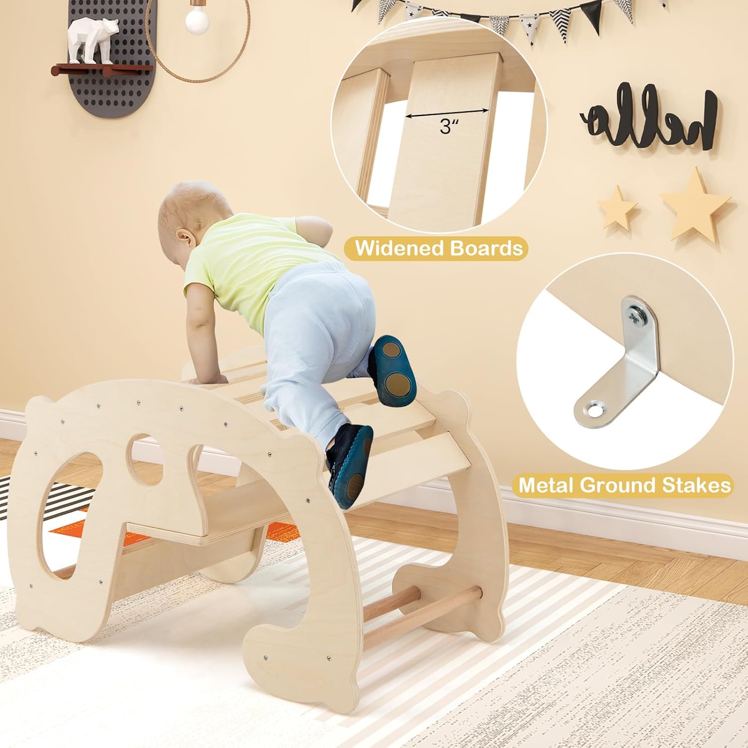 Costzon Wooden Arch Rocker, 2-in-1 Montessori Rocking Toys for Toddlers with Easy-Grip Handles, Children Rocking Horse Toy w/Seat, Indoor Play Gym Climbing Ladder Set for Kids Aged 1+ Gift Presents