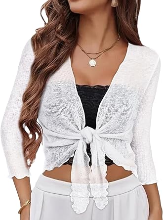 Women Crop Cardigan Sheer Bolero Shrug for Dress Tie Front 3/4 Sleeve Tops