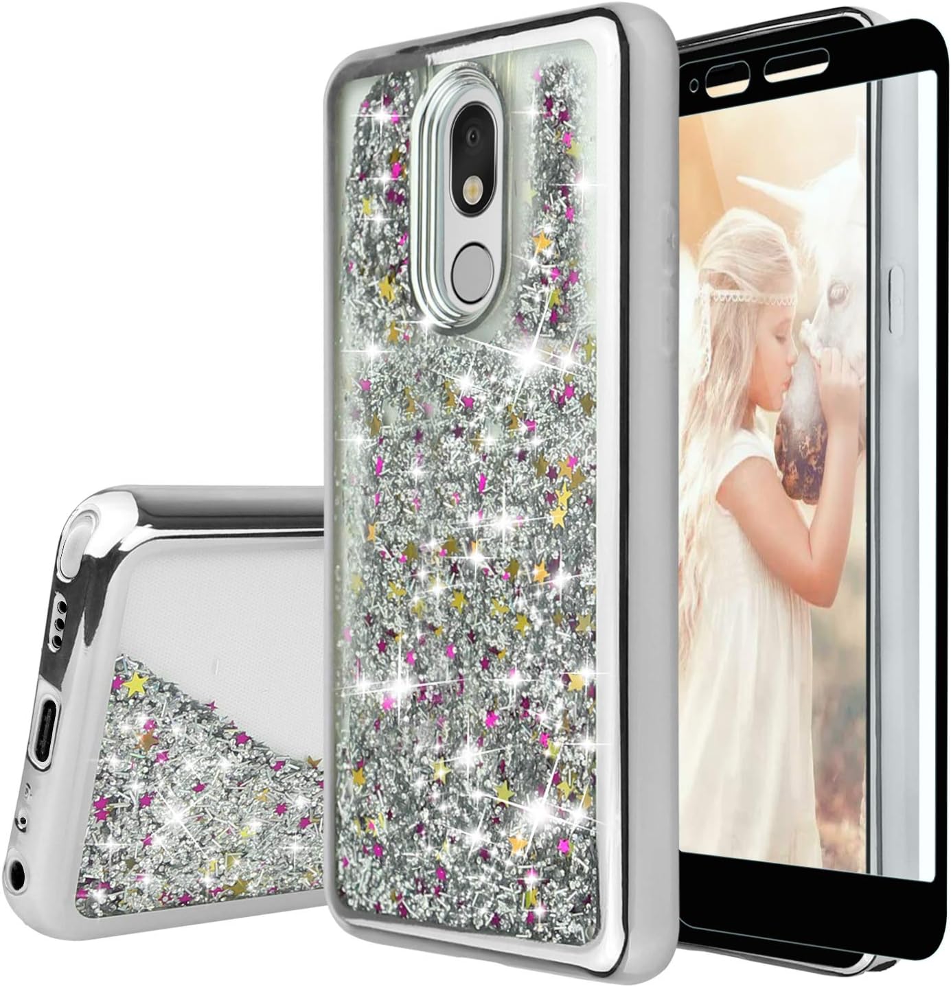 TJS Phone Case Compatible with LG Stylo 5/LG Stylo 5 Plus/LG Stylo 5V/LG Stylo 5X,[Full Coverage Tempered Glass Screen Protector] Glitter Liquid Chrome Bump Hybrid Shockproof Motion Cover (Silver)