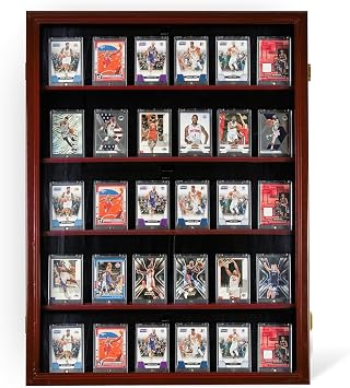 Graded Card Display Case | Wall-Mountable Cabinet for Baseball, Comic, and Trading Cards | Lightweight Solid Wood with Plexiglass Front Black, Cherry, or Oak Color Cherry