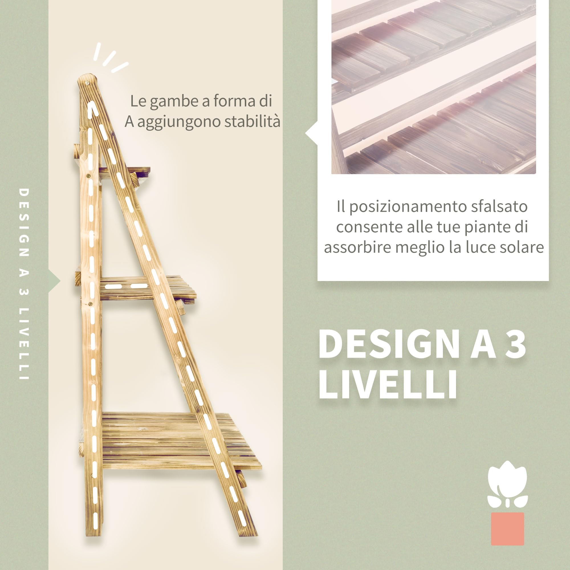 Outsunny Portapiante Pieghevole da Esterno in Abete 3 Livelli 100x37x93cm | Portavasi, Scaffale per Piante, Portafiori, Legno