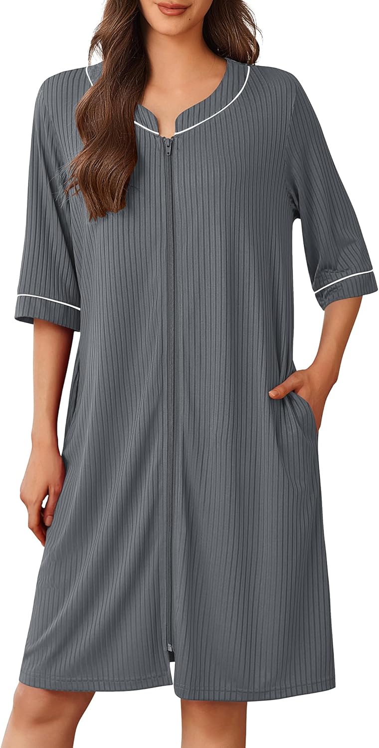 Ekouaer Women Robes Zipper Front 3/4 Sleeve Housecoat Zip Up Bathrobes Lightweight Nightgown with Pockets S-XXL
