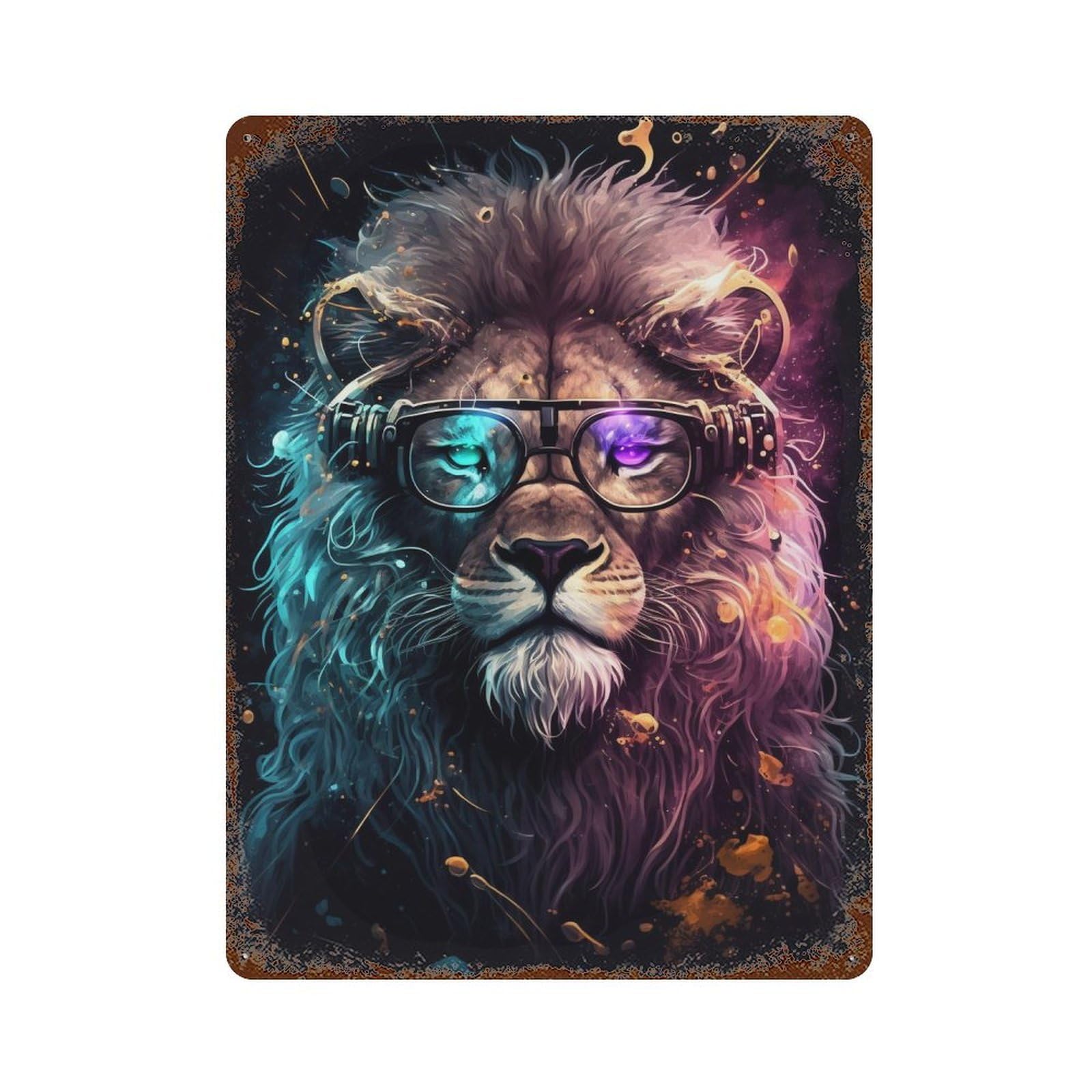 Rust Effect Colorful Lion with Headphones Art Print Distressed Metal Wall Sign 15.7"x11.8", Shabby Chic Decor for Pub, Kitchen And Man Cave Decor