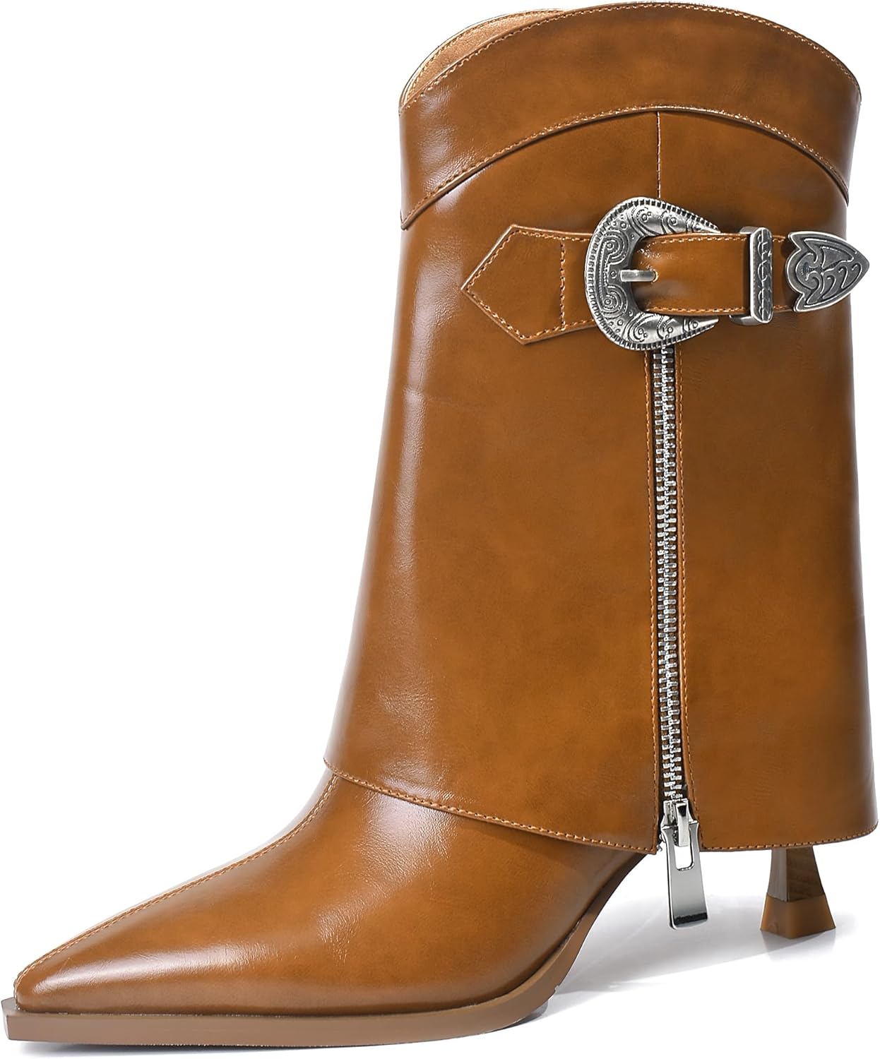 XINIUNIU Women's Ankle Boots Kitten Heel Fold Over Pointed Toe Metal Buckle Side Zipper 2.75 Inch Heel Fashion Booties