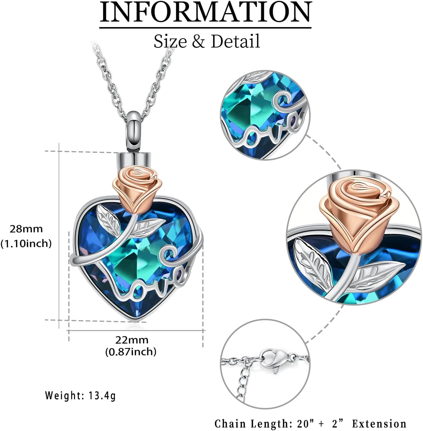 Minicremation Collana con urna per ceneri con fiore di rosa