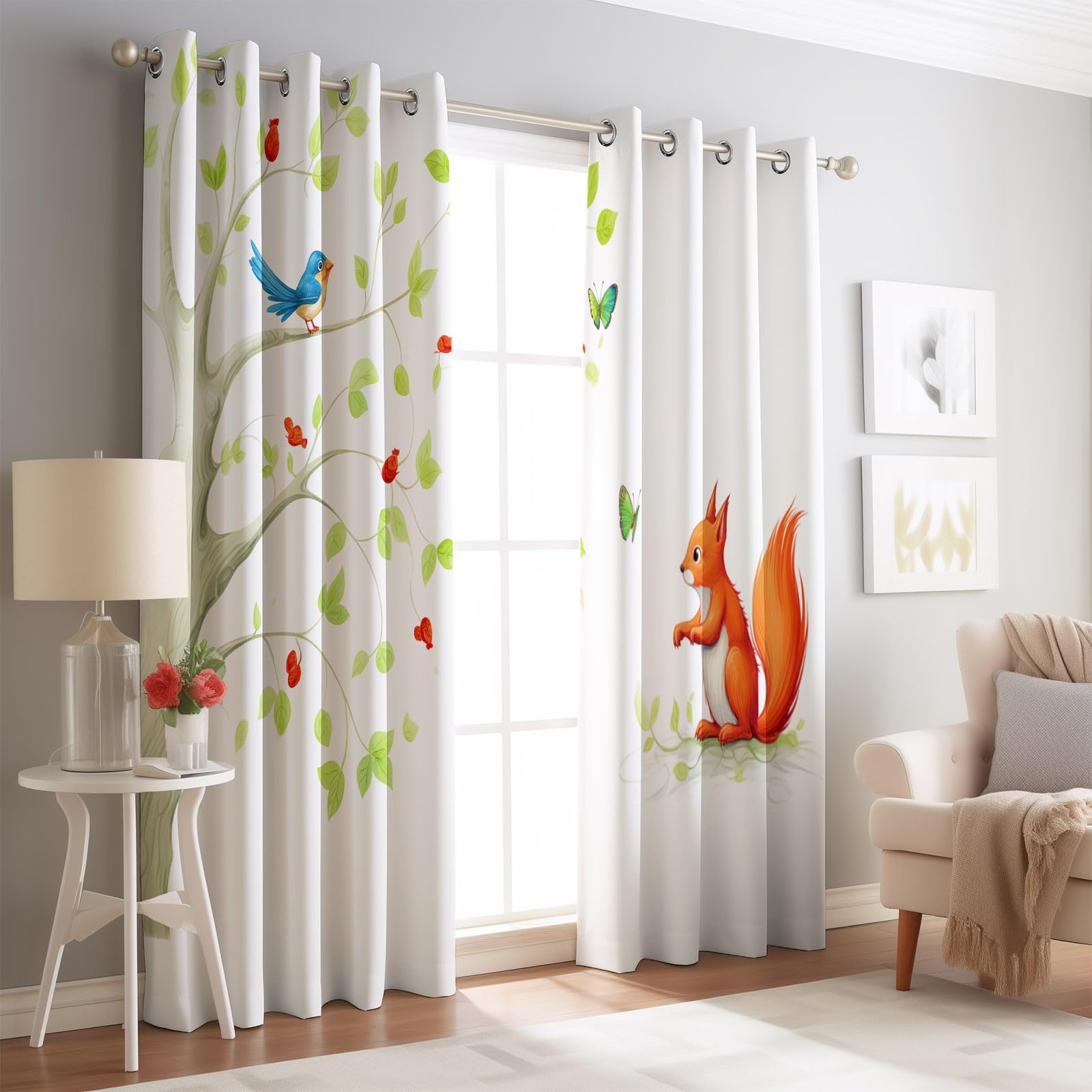 Kreskówka wiewiórka z nadrukiem latającego ptaka, 100% zasłony zaciemniające do sypialni i salonu 168 x 229 cm (2 panele) - izolacja termiczna, energooszczędne zasłony z oczkami, redukcja hałasu