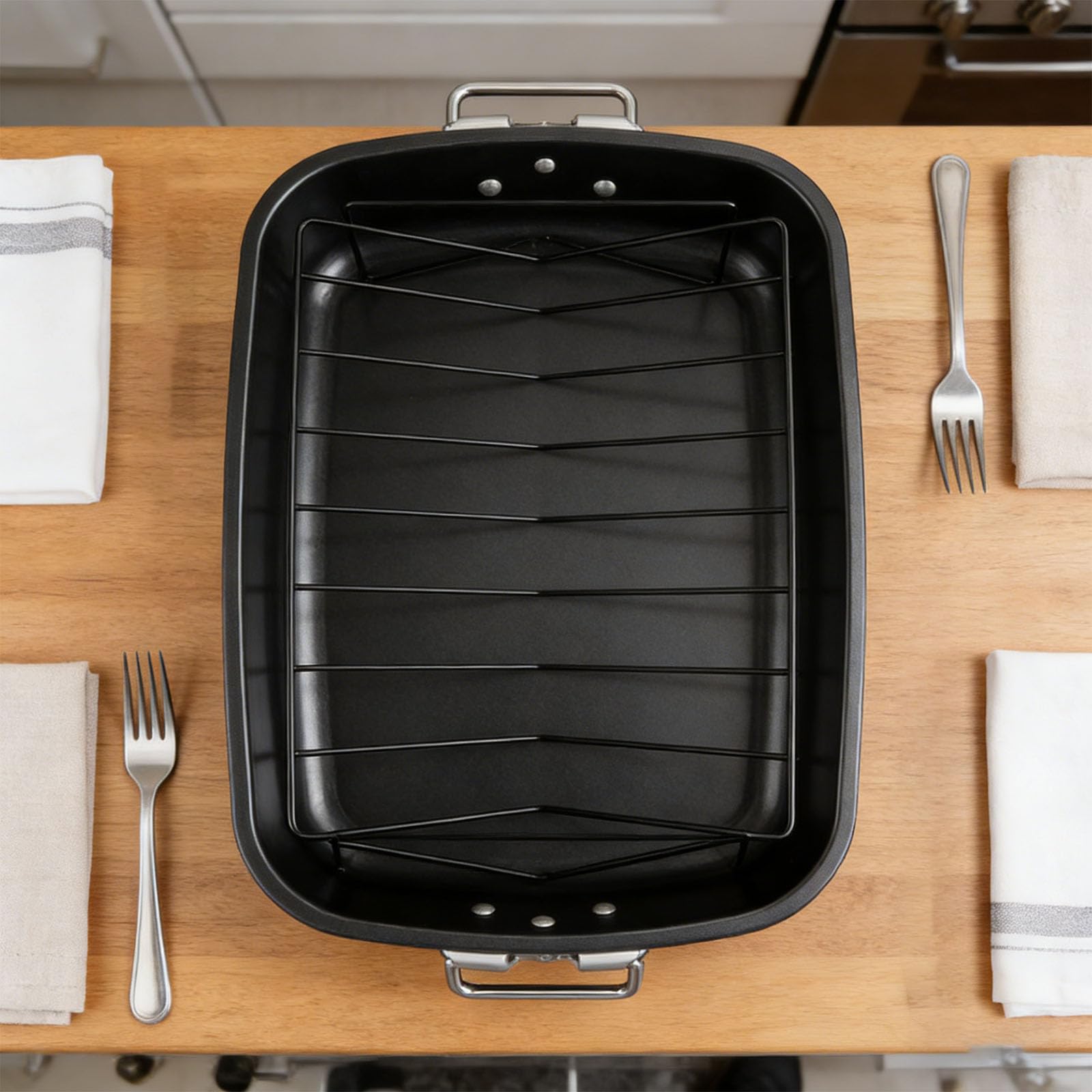 Sartén para asar pavo de 17 pulgadas incluye estante en forma de V de acero al carbono, bandeja para hornear para Acción de Gracias, Navidad, apto para horno