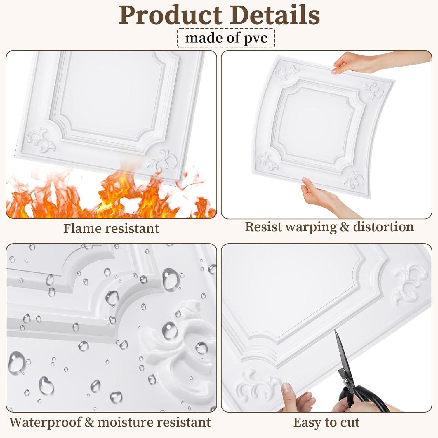 24 PCS White Ceiling Tiles 24x24 Inch, French Style 3D Decorative Ceiling Panels 2x2Ft PVC Waterproof Washable Plastic Material Ideal for Living Room Bedroom Bathroom Garage Cover 96 Sq.Ft