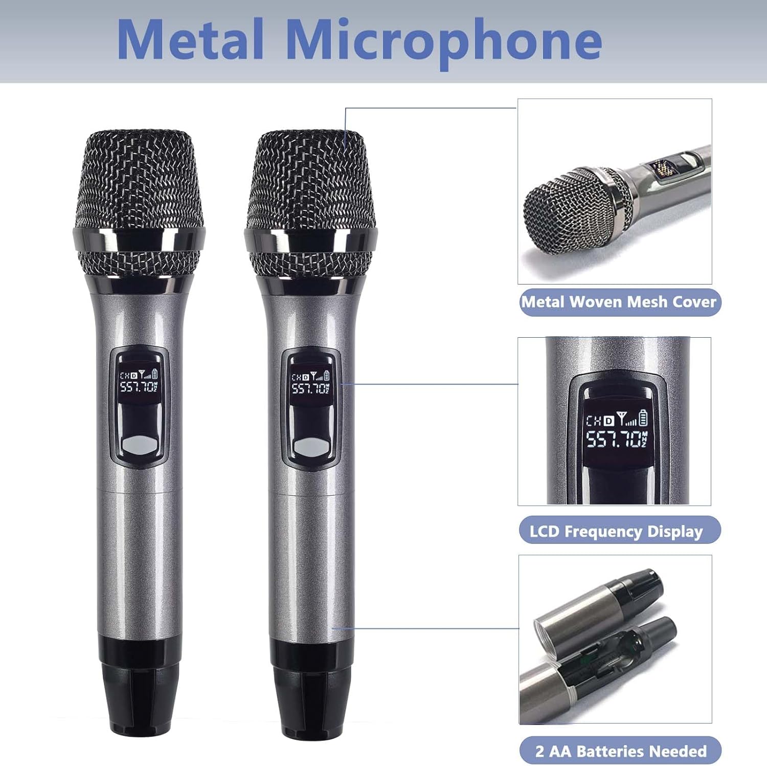 4 Wireless Microphone System 4-Channel Microphones All Metal Wireless Mic Set,Cordless Dynamic for Singing, Karaoke, Church, DJ, 260ft Range (Gray)