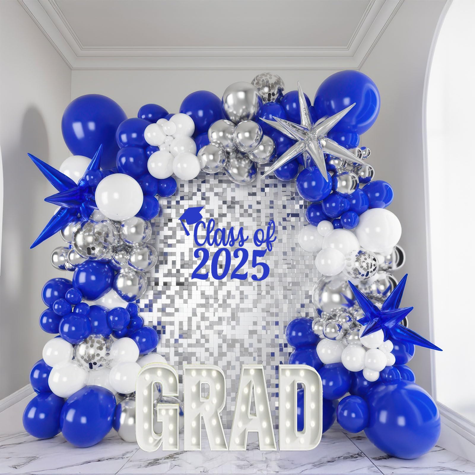 119PCS Royal Blue white Silver balloon Garland Arch Kit with star balloons for Boy Man Birthday Party 2025 graduation Decorations Prom Supplies