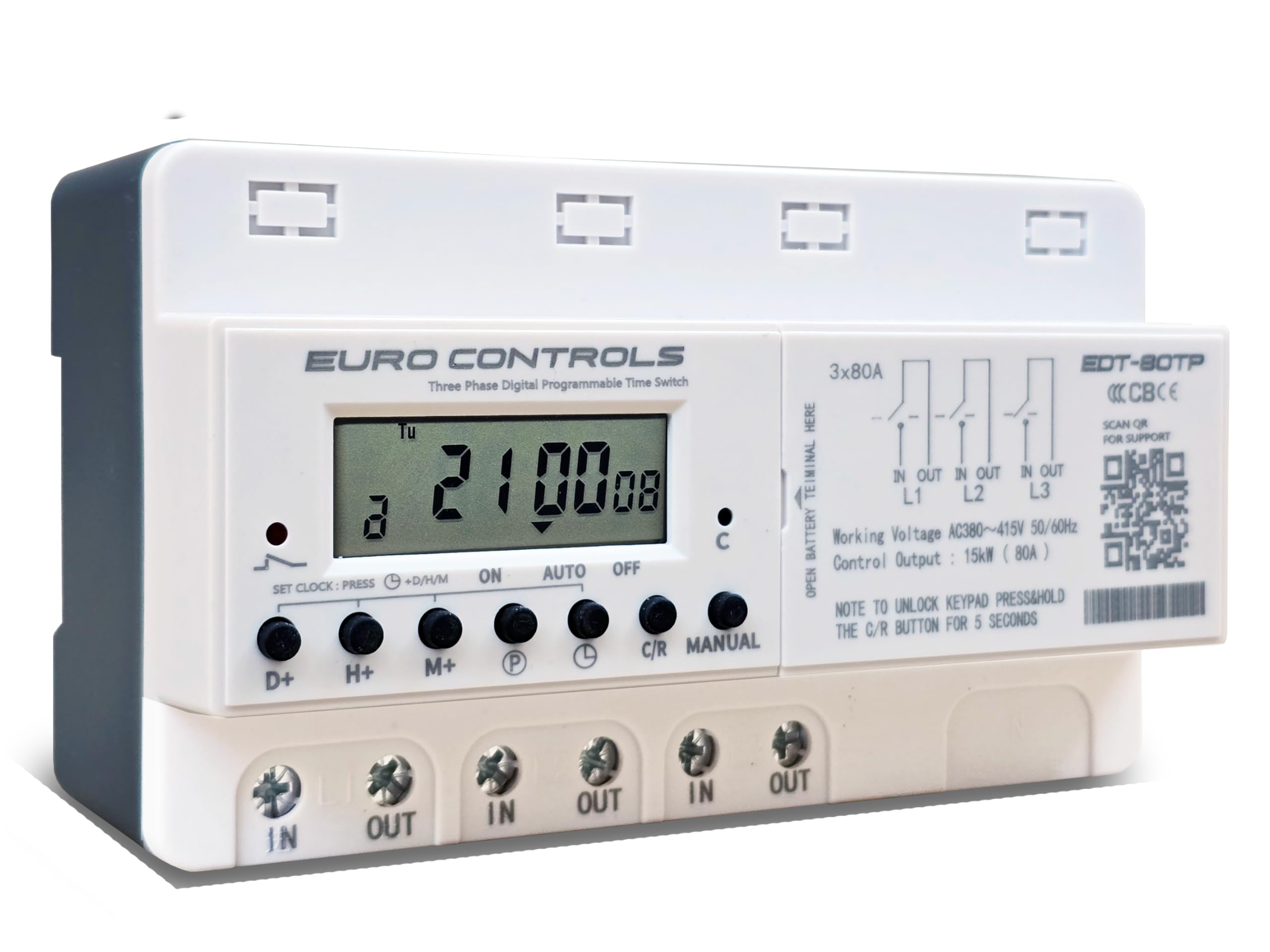EuroControls EDT80TP Phase Digital Timer Switch - 32 on/Off Programmable Weekly - 80 Amps Three (3) Phase - 380 to 415v AC - din Rail Mount - Load Capacity 15kW - Replaceable AA Size Battery-image-19