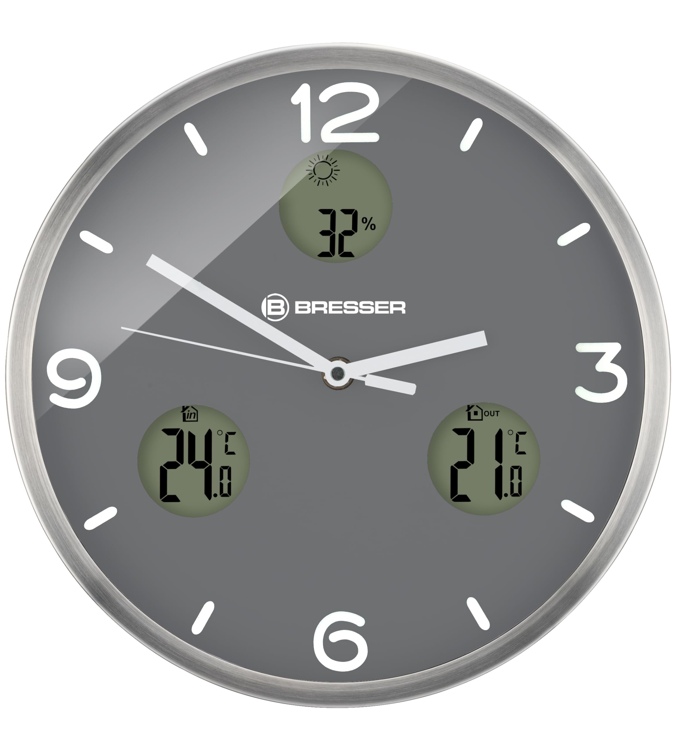 Bresser MyTime io NX Funk-Wanduhr mit Thermometer und Hygrometer - 30 cm Durchmesser, grau, 8020211MGU000