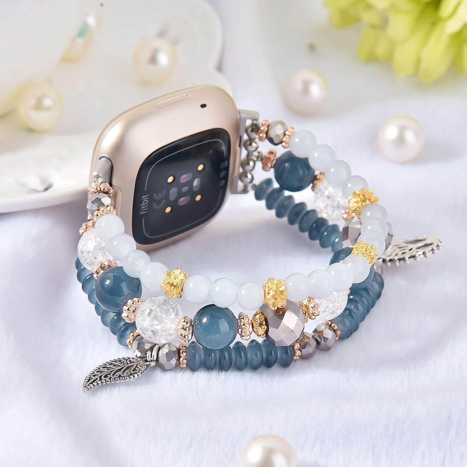 V-MORO Bracelet Compatible with Fitbit Versa 3/Sense Bands for Women, Dressy Elastic Bling Beaded Tree of Life Strap Replacement for Fitbit Sense/Versa 3,Blue