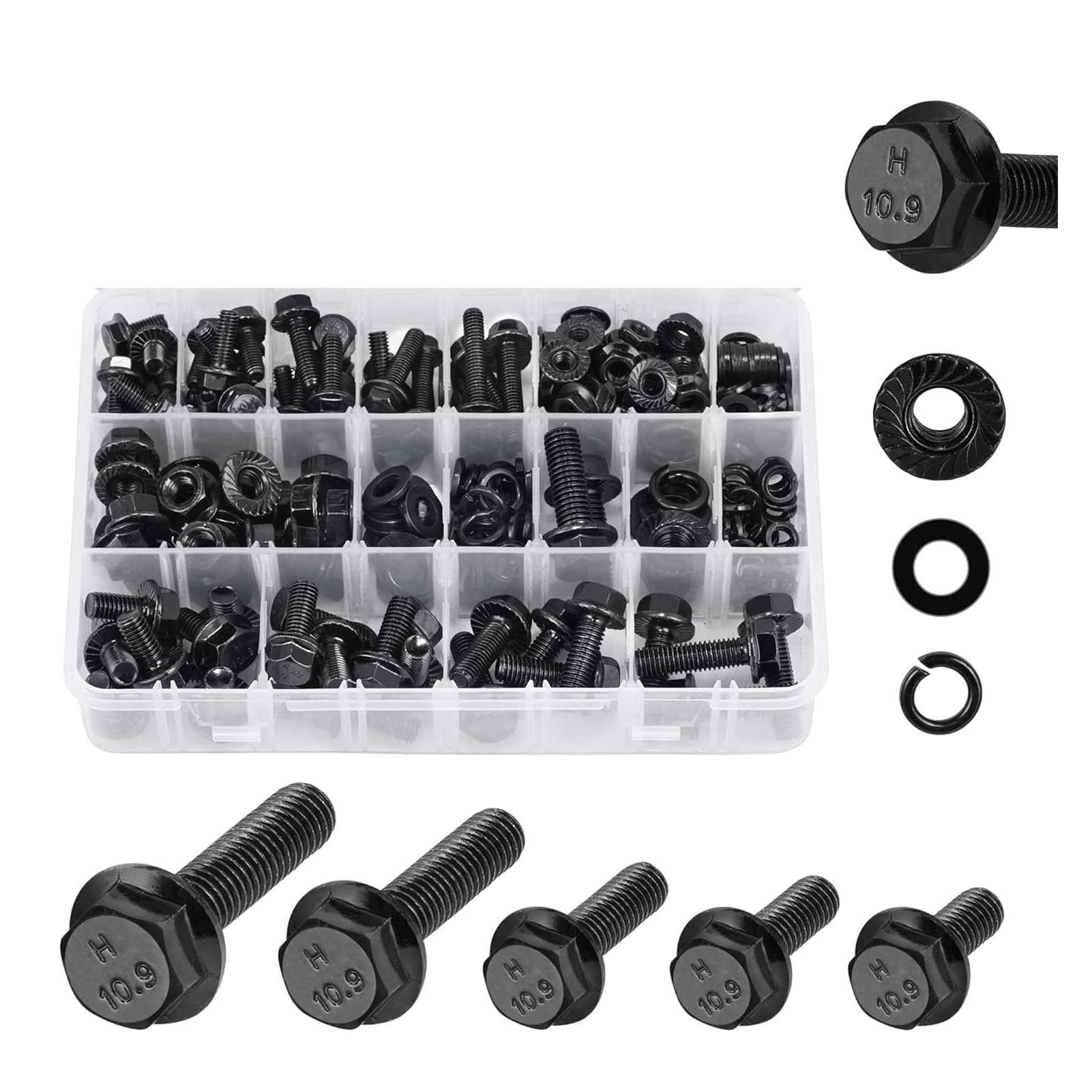 272 Stück Flansch Sechskantschrauben und Muttern Set, M6 Bolzen, M8 X1,25 Bolzen, M10-1,5, metrische Bolzen Sortiment, legierter Stahl Klasse 10,9, schwarz verzinkt