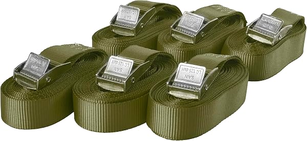 Lot de 6 Sangles d'arrimage avec Boucle, Ceinture à Blocage par Serrage, Sangles de Fixation Charge Max. 250 kg, Selon DIN en 12195-2, Longueur 6m Largeur 25mm, en Une pièce, Vert Olive - 1