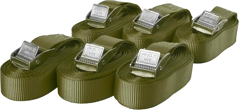 Lot de 6 Sangles d'arrimage avec Boucle, Ceinture à Blocage par Serrage, Sangles de Fixation Charge Max. 250 kg, Selon DIN en 12195-2, Longueur 6m Largeur 25mm, en Une pièce, Vert Olive