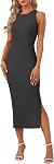 WNEEDU Womens 2026 Summer Dresses Bodycon Sleeveless Slit Ribbed Midi Dress | Trendy casual style,Stretchy knit fabric,Easy to wear with heels or jackets,Suitable for vacation party work daily wear