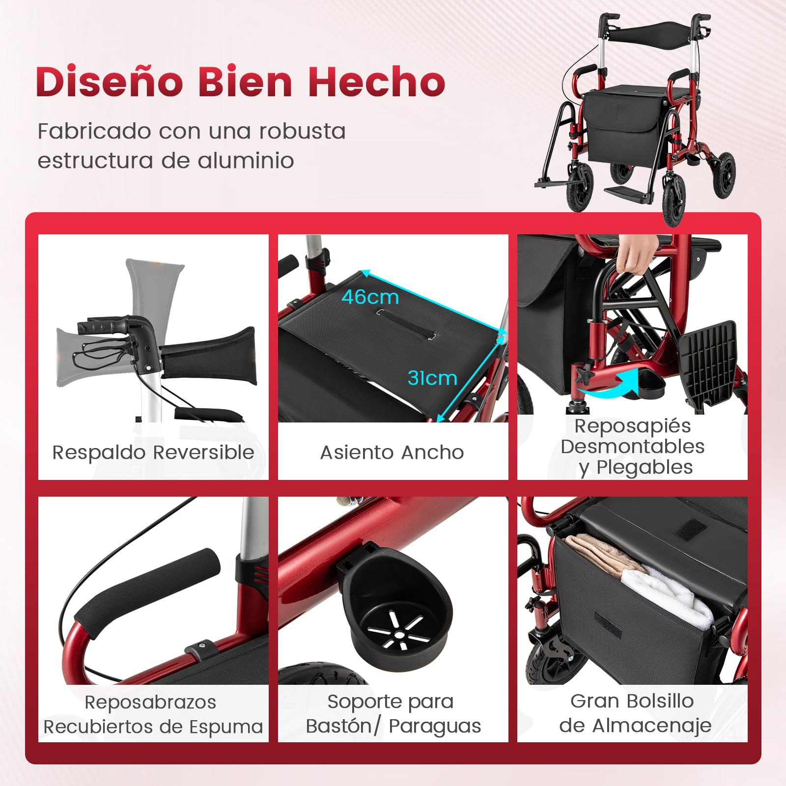 COSTWAY 2 en 1 Andador para Ancianos con Asiento, Taca Taca Adultos Plegable, Silla de Ruedas de Neumáticos, Altura Ajustable, Reposapiés abatibles, Estructura de Aluminio Ligera (rojo)