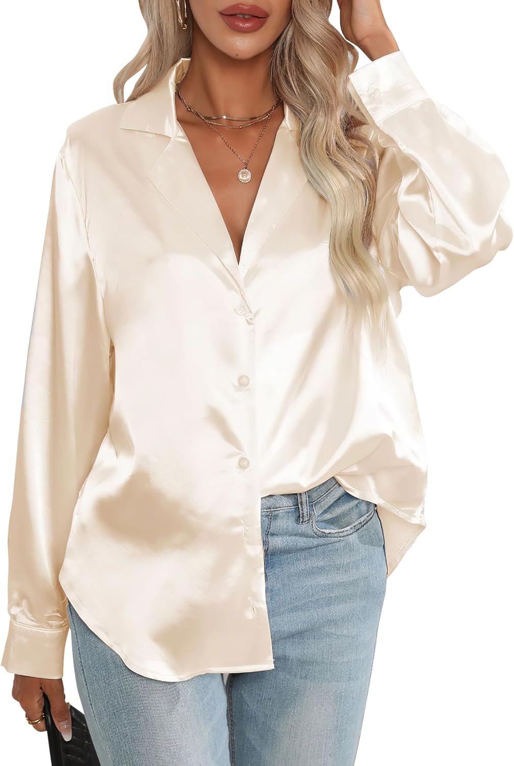 PEHMEA Women's Satin Button Down Shirts Silk Solid Long Sleeve Blouse for Work Office V Neck Casual Elegant Tunic Tops