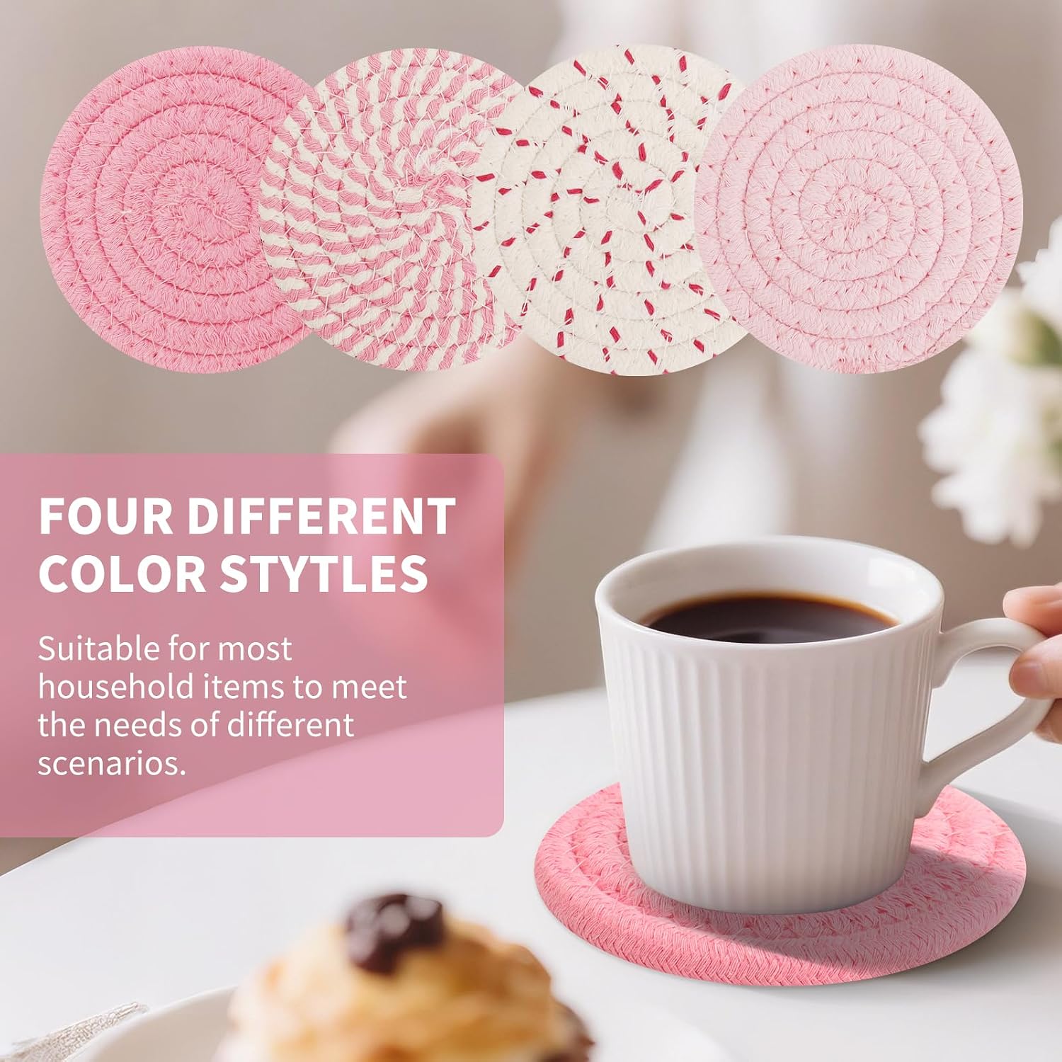 Pink Coasters Set of 8 with Holder, 4 Color Cotton Rope Woven
