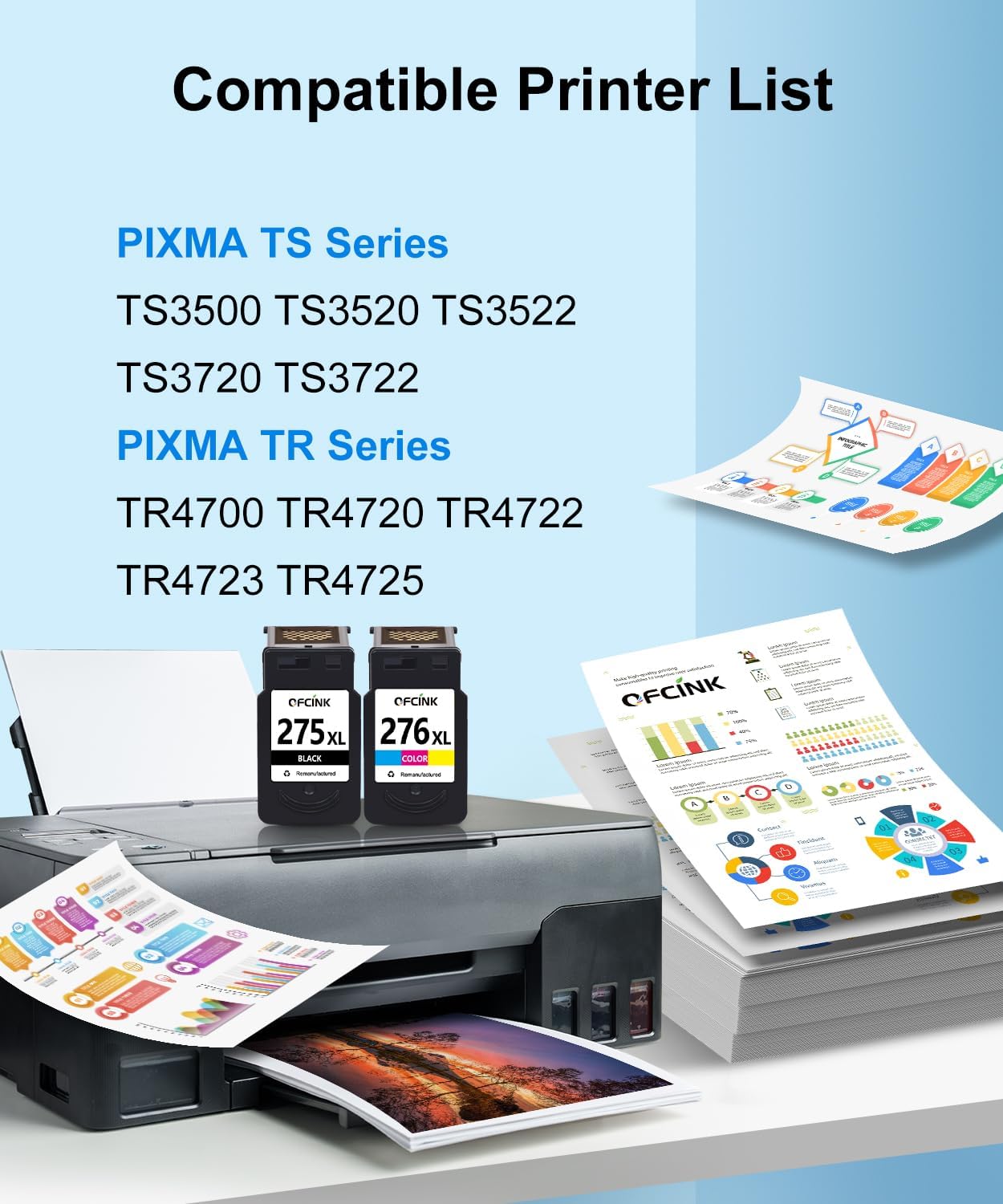 PG-275XL CL-276XL Compatible for Canon 275 and 276 Ink Cartridges PG-275 CL-276 275XL 276XL for Cannon Ink 275 276 for Canon PIXMA TR4700 TR4720 TR4722 TS3500 TS3522 TS3722 Printer