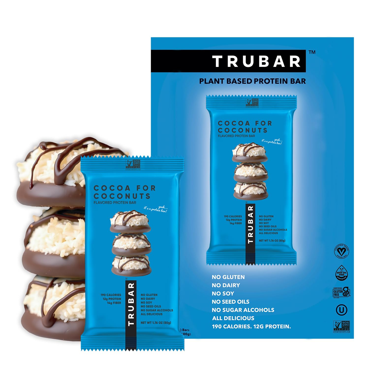 TRUBAR Vegan Protein Bar, Cocoa For Coconuts, Gluten Free, Plant Based Protein, Dairy Free, Non GMO, Soy Free, No Sugar Alcohols, 12G Protein, 12G Fiber, 23G Carb, On the Go Snack Bars, 8ct