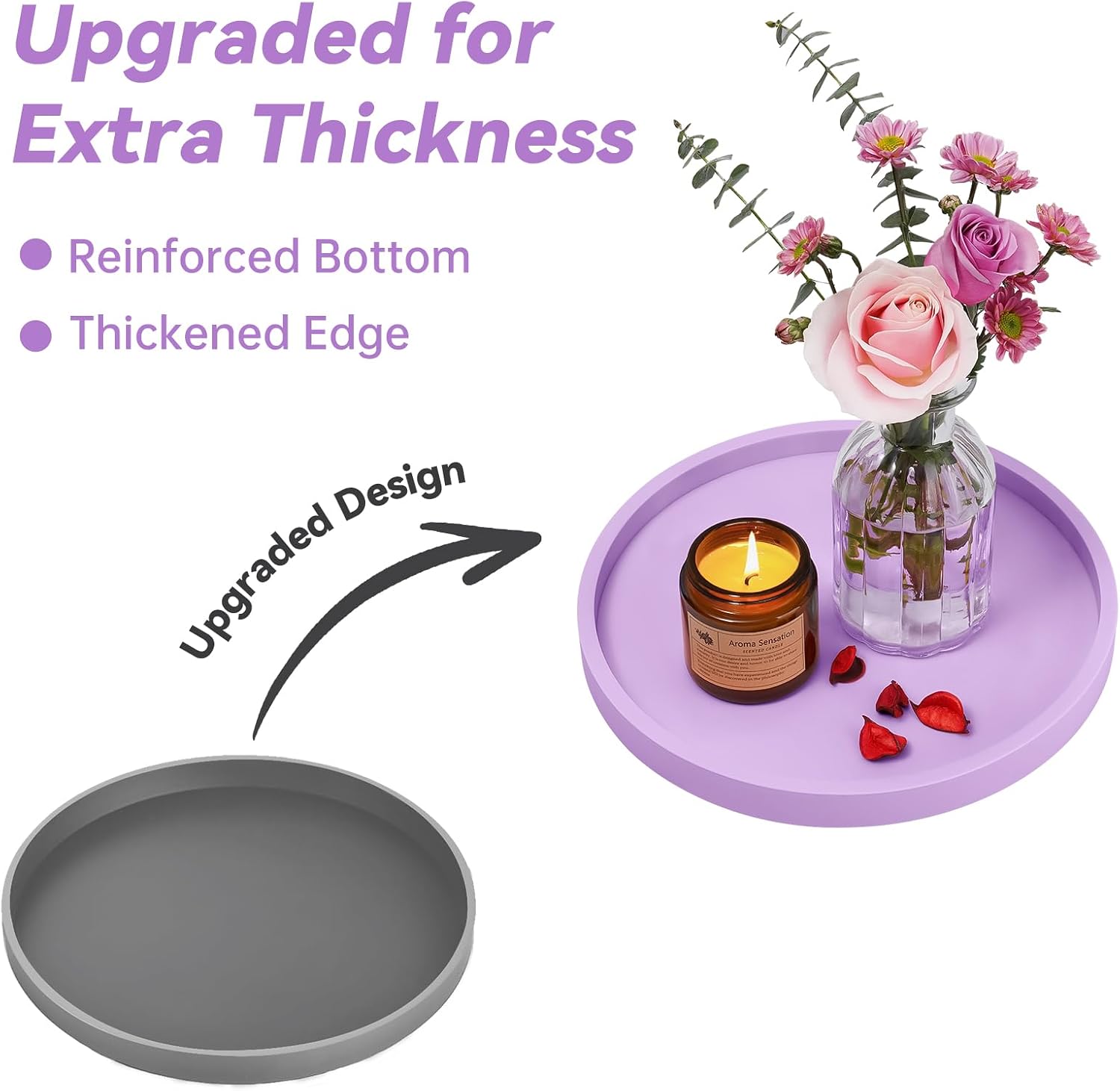 NiHome Thickened Silicone Vanity Organizer Tray for Bathroom Accessories, Kitchen Countertop, Living Room Decor, Multipurpose Shatter-Resistant Round Tray Decor for Candle,Perfume,Soap,Plant (Purple)