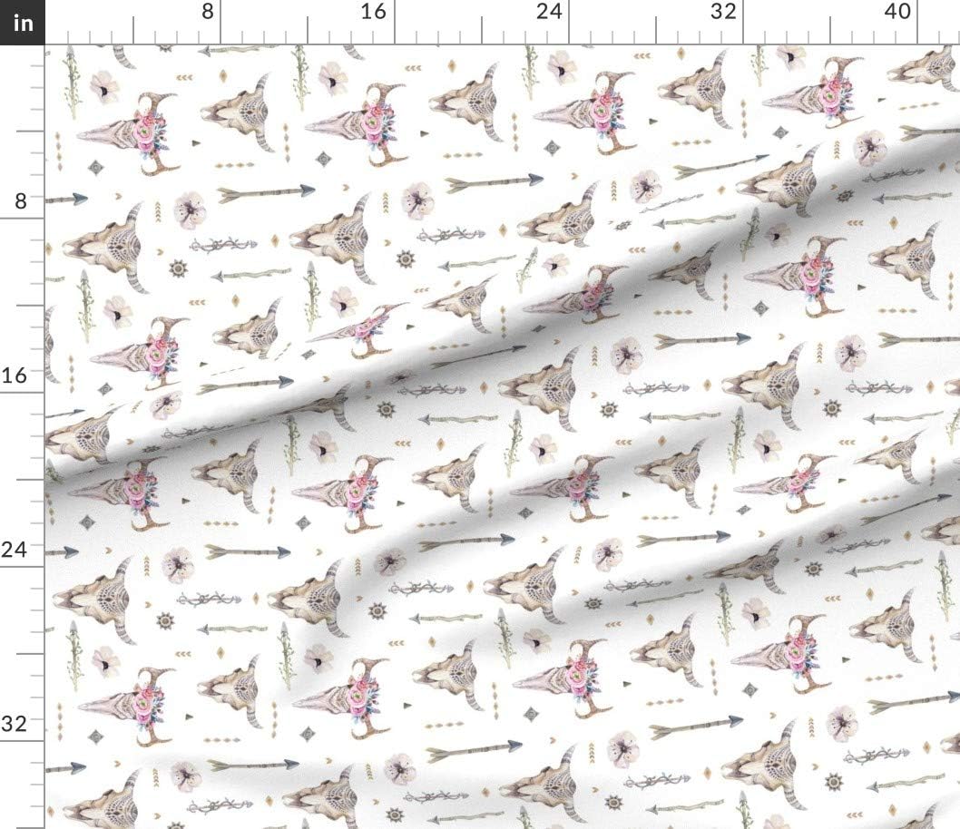 Spoonflower Fabric - Watercolor Skull Deer Feathers Cow Boho Bohemian Arrows Antlers Printed on Petal Signature Cotton Fabric Fat Quarter - Sewing Quilting Apparel Crafts Decor
