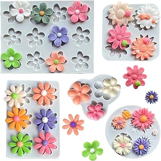 5Pcs Flower Molds Silicone Chocolate Mold Daisy Flower Fondant Polymer Clay Resin Mold Soap Ice Cube Jello Molds for Baking and Cake Cupcake Decorating (Gray Daisy Flower)